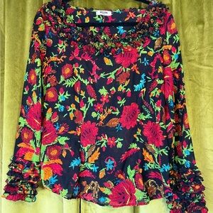 Vintage RARE Moschino Jeans Floral Logo Print Long sleeve Ruffle Blouse Small